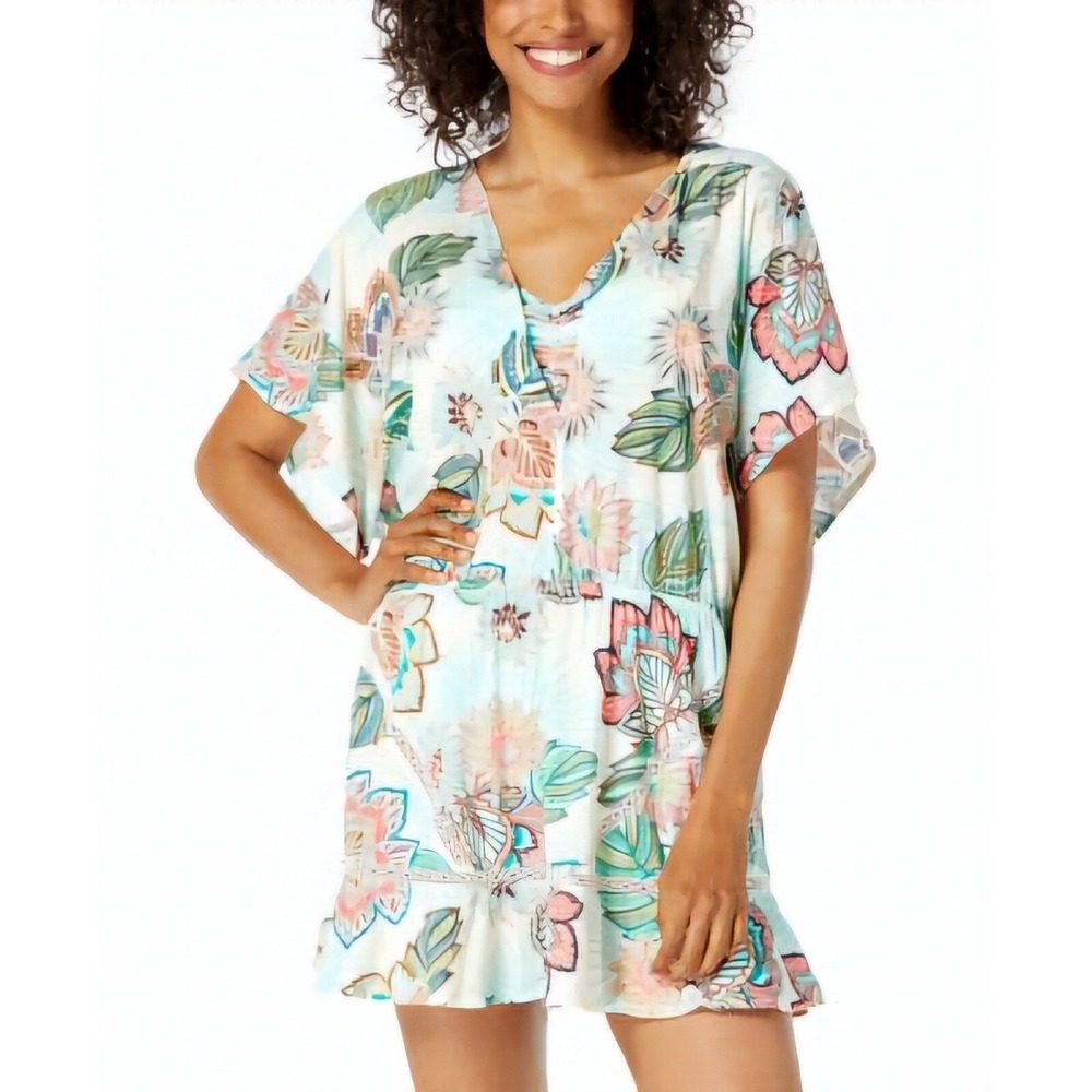 Coco Reef Adom Cover-Up Dress Womens Medium Ivory Multi Floral Lace Trim Boho